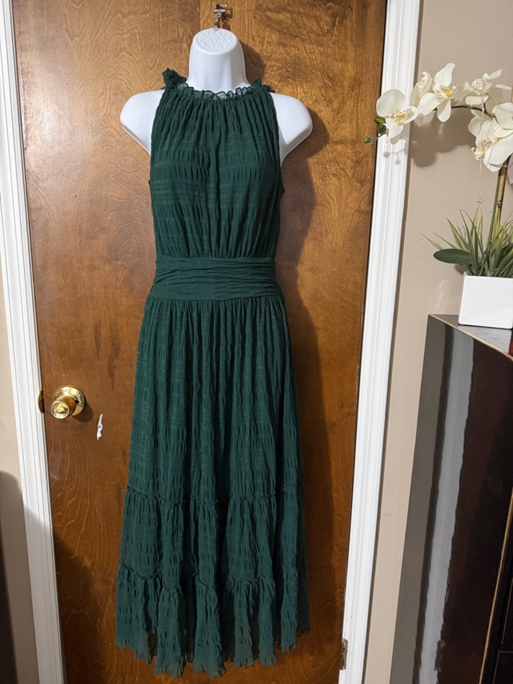 Max Studio Dark Green Halter Maxi Dress with Smocked Waist